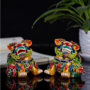 Chinese Porcelain Pottery Handmade Fengshui Animal Foo Fu Dog Lion Statue Pair