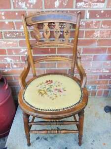 Antique Walnut Chair Yellow Needlepoint Ornate Carved Backrest Spindles 5