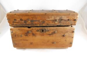 Antique Dome Topped Doll Trunk Wooden Rollers Tray Storage In Top Paper Lined