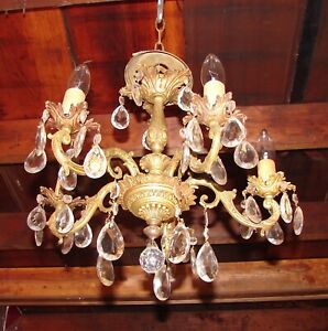 Vintage Antique Ornate Brass And Crystals 18 Chandelier 5 Arm Assembly Required