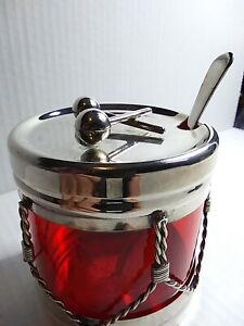 1930s Vintage R Blackinton R B Co Sterling Silver Ruby Red Glass Drum Jar