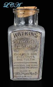 Antique Watkins Tooth Powder Scarce Bottle Embossed Rare W Restored Label