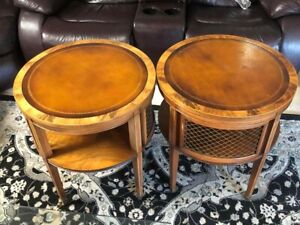 Mahogany Leather Top Brandt Drum Style Side Tables Mesh Decoration Brass Casters