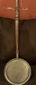 Antique Copper And Brass Bed Pan Warmer With Wooden Handle 20 Long