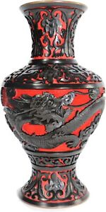 Chinese Cinnabar Lacquer Vase With Deep Hand Carved Dragon Decoration
