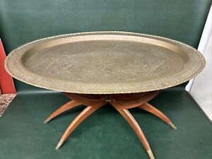 Signed Hong Kong 36 Oval Brass Tray Table W Wood Folding Spider Legs Mcm