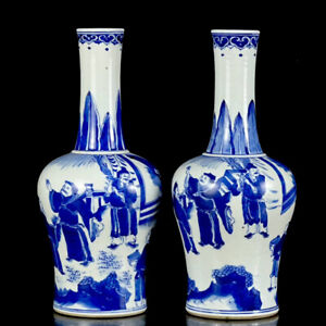A Pair Chinese Blue White Porcelain Hand Painted Exquisite Figure Vase 14844