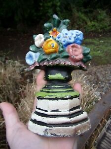 Antique Cast Lead Doorstop Flower Basket Very Chippy Paint Book End Garden Art 