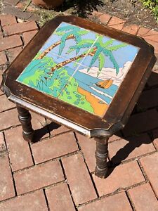 Antique End Table Wood Taylor Tile California Palm Sail Boat Mission Art Crafts