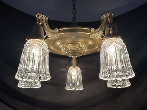 Restored Antique Vtg Art Craft Deco Victorian Chandelier Brass Crystal Pan Light
