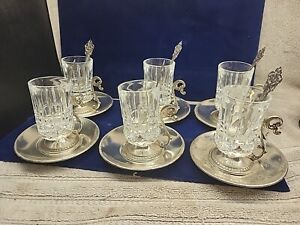 Antique Persian Silver Plate Set Of 6 W Glass Cups Saucers And Spoons