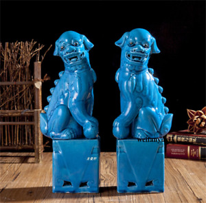 2pcs Chinese Jingdezhen Porcelain Blue Foo Fu Dog Guardion Lion Ceramics Statue