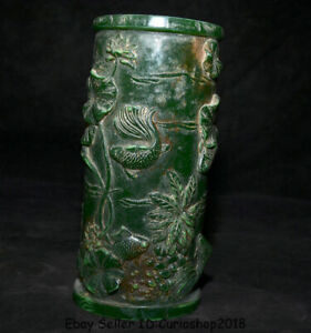 8 Old China Green Jade Carved Dynasty Year Fish Lotus Leaf Brush Pot Pencil Vase
