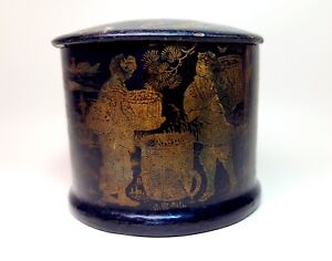 Antique Japanese Black Lacquer Ware Box With Gilt Decoration Figures