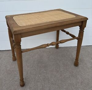Vintage Farmhouse Wood Bench Stool Cane Rustic Cottage Piano Vanity Light Wood