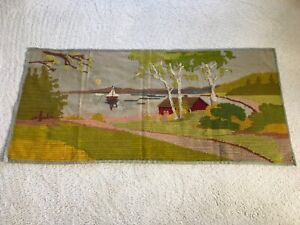 Vintage Woolwork Tapestry Fabric Wall Hanging Cover Lake Scene Trees Sailboat