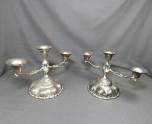 Vintage Pair Mexico Silver Plated Candlestick Triple Candelabra Plateado Leon