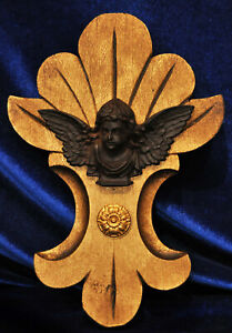 Neoclassial Angel Bust Wood Plaque Ormolu Relief Gothic Architectural Winged