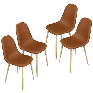 Mid Century Modern Set Of 4 Dinning Chairs Pu Leather Cushion For Kitchen Brown