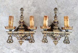 Pair Antique Cast Iron Gold Polychrome Lion Tudor Double Light Wall Sconces