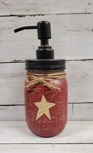 Primitive Crackle Barn Red Tan Star Mason Jar Soap Dispenser Choice Top