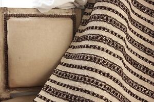 Vintage Folk Art Throw Blanket Homespun Wool Hemp Blanket Linen Brown Stripe