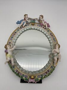 Antique Hand Painted Meissen Dresdan Porcelain Cherubs Flowers Oval Mirror