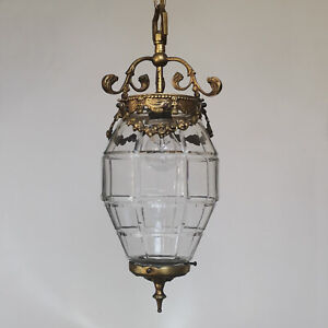 Antique French Gilt Bronze Cut Crystal Globe Pendant Ceiling Light Hall Lantern