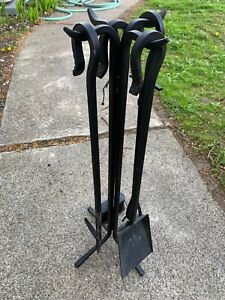 Five Piece Vintage Fireplace Tool Set Wrought Iron 28 Tongs Broom Excellent