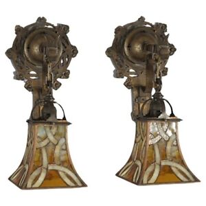 Oscar Bach Arts Crafts Figural Hammered Bronze Leaded Glass Wall Sconces