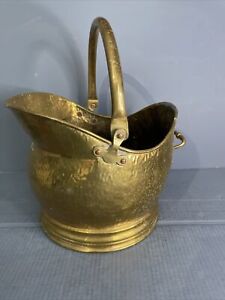 Vintage Hammered Brass Coal Scuttle Bucket Helmet Shaped Storage Fireplace J 
