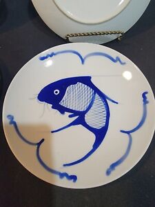 Set Of 4 Chinese Hand Painted Blue White Porcelain Koi Fish 7 3 4 Plates