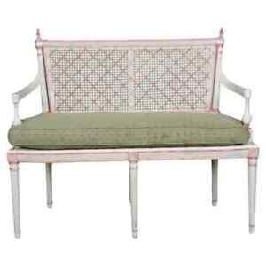 Gorgeous Creme Paint Decorated And Green Upholstered Cane Louis Xvi Settee