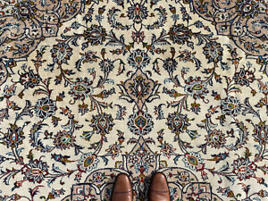 Big Antique Oriental Rug 10x13 Ivory Hand Knotted Vintage Handmade Carpet 9x13