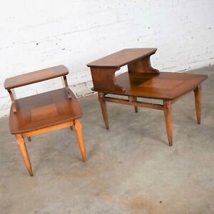 Mid Century Modern Pair Lane Step End Tables With Inlaid Walnut Burl Style 1927
