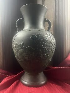 Large Double Handled Antique Copper Covered Terra Cotta Chinese Dragon Vase Urn