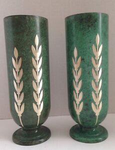 Vases Pair Silver Crest Sterling Decorated Bronze Verde Green Arts Crafts