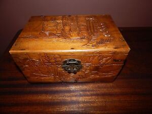 Nautical Theme Japanese Hand Carved Wood Box Intricate Circa 1940 Superb Cond