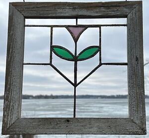 Mission Style Framed Stained Glass Flower Window Light Pink Green