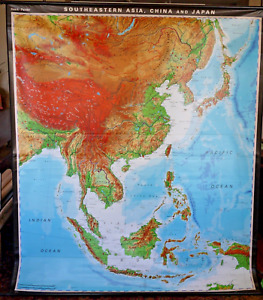 Southeast Asia China Japan Huge Vintage Pull Down School Map 2000