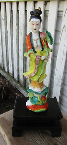 Antique Chinese Hand Painted Porcelain Table Lamp Base Kwan Yin 15 5 Wood Base N