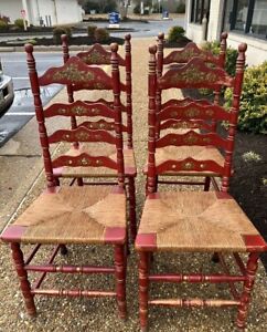 Set 4 Antique French Country Rush Seat Ladderback Chairs Painted Red Buyer Ship