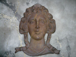Rusty Old Large Cast Iron Art Nouveau Lady Garden Wall Plaque 14 1 2 Tall