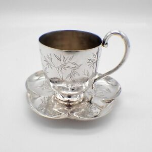 Rare Cup And Saucer With Provenance Chinese Sterling Silver Floral Designs