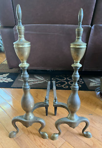 Pair Of Vintage Brass Andirons Approx 22 High Marked 3404