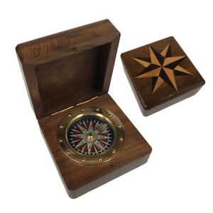 3 Wood Compass Box With Inlaid Compass Rose Design And 2 1 4 Brass Compass