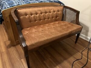 Vintage Wooden Bench Love Seat Settee With Cane