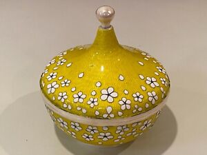 Vintage Korean Yellow Cloisonne Enamel Pure Silver Trinket Bowl With Lid