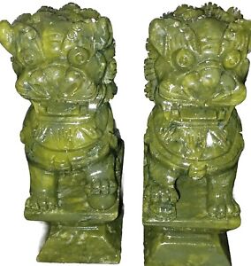 Feng Shui Fu Lions Green Jade Statue Pair