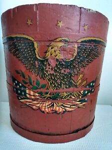Vintage Usa Flag Primitive Country Wooden Eagle Bucket Pail Red